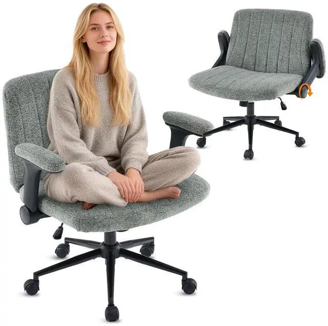 Main image of VINGLI Criss Cross Chair with Adjustable Flip-Up Arms,Cross Legged Chair with Wheels, Extra Wide Office Chair,Cozy Desk Chair for Home Office, Vanity, Apartment,Chenille Velvet,Dark Green