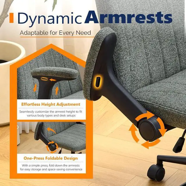 Alt view image 6 of 7 - VINGLI Criss Cross Chair with Adjustable Flip-Up Arms,Cross Legged Chair with Wheels, Extra Wide Office Chair,Cozy Desk Chair for Home Office, Vanity, Apartment,Chenille Velvet,Dark Green