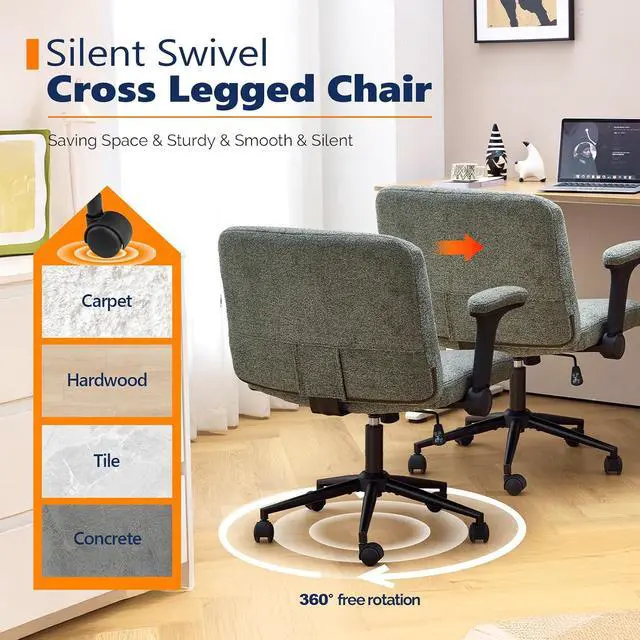 Alt view image 7 of 7 - VINGLI Criss Cross Chair with Adjustable Flip-Up Arms,Cross Legged Chair with Wheels, Extra Wide Office Chair,Cozy Desk Chair for Home Office, Vanity, Apartment,Chenille Velvet,Dark Green