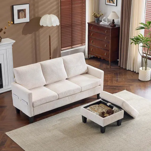 Main image of VINGLI 68.5' L Shaped Couch with Movable Storage Ottoman, Convertible Sectional Sofa in Soft Corduroy Fabric, Modern Reversible Chaise Couch for Small Spaces, Apartment, Living RoomCream White