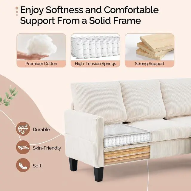 Alt view image 3 of 7 - VINGLI 68.5' L Shaped Couch with Movable Storage Ottoman, Convertible Sectional Sofa in Soft Corduroy Fabric, Modern Reversible Chaise Couch for Small Spaces, Apartment, Living RoomCream White
