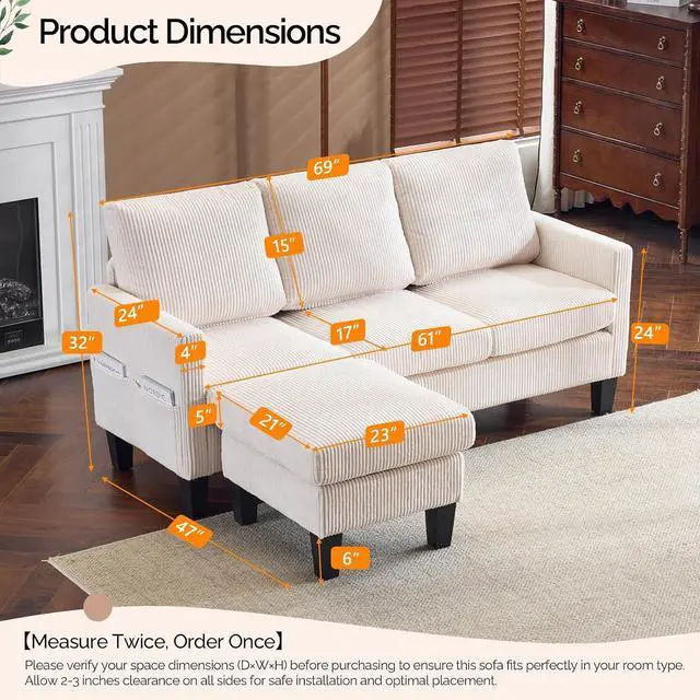 Alt view image 2 of 7 - VINGLI 68.5' L Shaped Couch with Movable Storage Ottoman, Convertible Sectional Sofa in Soft Corduroy Fabric, Modern Reversible Chaise Couch for Small Spaces, Apartment, Living RoomCream White