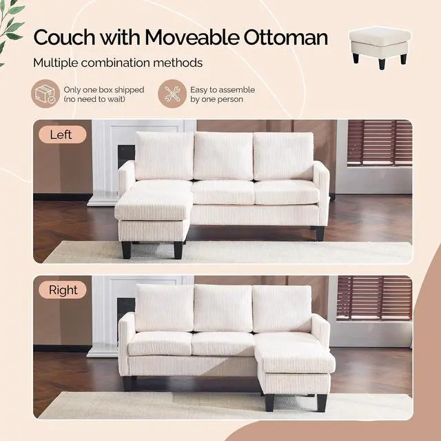 Alt view image 4 of 7 - VINGLI 68.5' L Shaped Couch with Movable Storage Ottoman, Convertible Sectional Sofa in Soft Corduroy Fabric, Modern Reversible Chaise Couch for Small Spaces, Apartment, Living RoomCream White