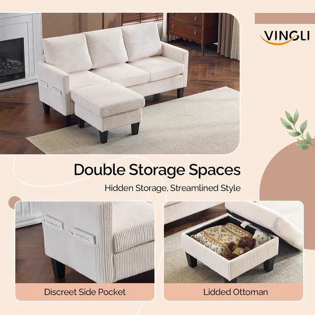 Alt view image 5 of 7 - VINGLI 68.5' L Shaped Couch with Movable Storage Ottoman, Convertible Sectional Sofa in Soft Corduroy Fabric, Modern Reversible Chaise Couch for Small Spaces, Apartment, Living RoomCream White