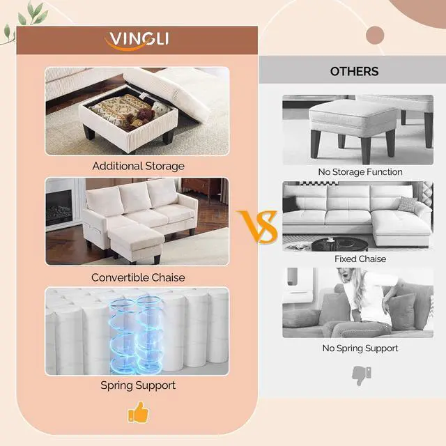 Alt view image 6 of 7 - VINGLI 68.5' L Shaped Couch with Movable Storage Ottoman, Convertible Sectional Sofa in Soft Corduroy Fabric, Modern Reversible Chaise Couch for Small Spaces, Apartment, Living RoomCream White