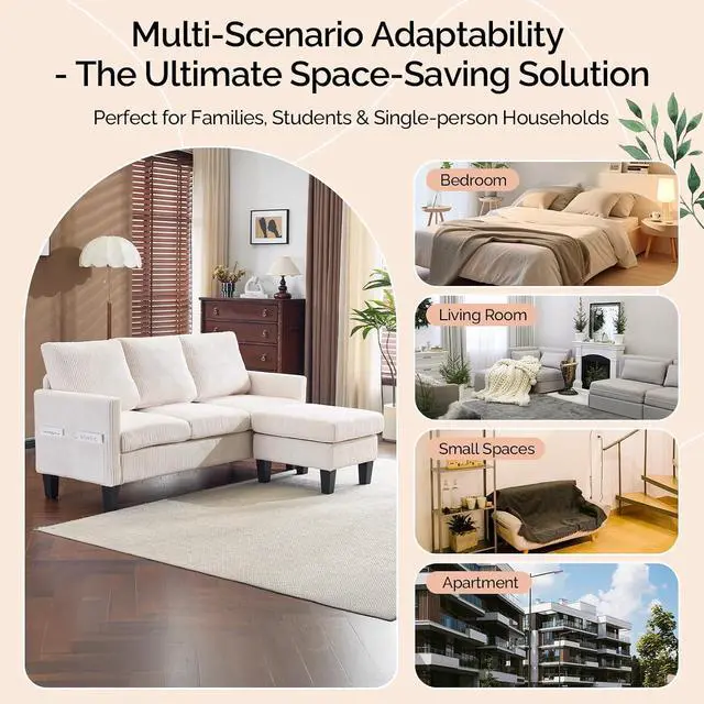 Alt view image 7 of 7 - VINGLI 68.5' L Shaped Couch with Movable Storage Ottoman, Convertible Sectional Sofa in Soft Corduroy Fabric, Modern Reversible Chaise Couch for Small Spaces, Apartment, Living RoomCream White