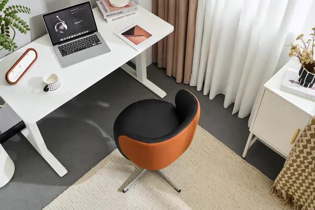 Alt view image 4 of 7 - VINGLI Cute Small Swivel Desk Chair Comfy no Wheels,Ergonomic Low-Back Lumbar Support Vanity Nail Tech Computer Task Stool Chair for Home Office,Height Adjustable,PU Leather Black&Suede Brown
