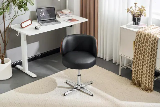 Alt view image 3 of 7 - VINGLI Cute Small Swivel Desk Chair Comfy no Wheels,Ergonomic Low-Back Lumbar Support Vanity Nail Tech Computer Task Stool Chair for Home Office,Height Adjustable,PU Leather Black&Suede Brown