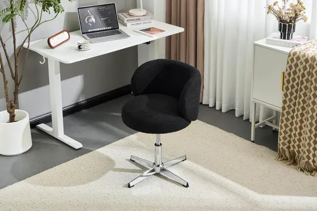 Alt view image 2 of 7 - VINGLI Cute Small Swivel Desk Chair Comfy no Wheels,Ergonomic Low-Back Lumbar Support Vanity Nail Tech Computer Task Stool Chair for Home Office,Height Adjustable,Teddy Fleece,Black