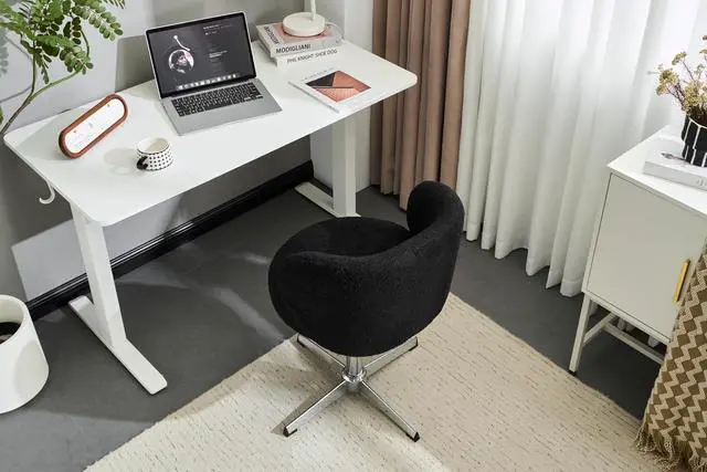 Alt view image 3 of 7 - VINGLI Cute Small Swivel Desk Chair Comfy no Wheels,Ergonomic Low-Back Lumbar Support Vanity Nail Tech Computer Task Stool Chair for Home Office,Height Adjustable,Teddy Fleece,Black