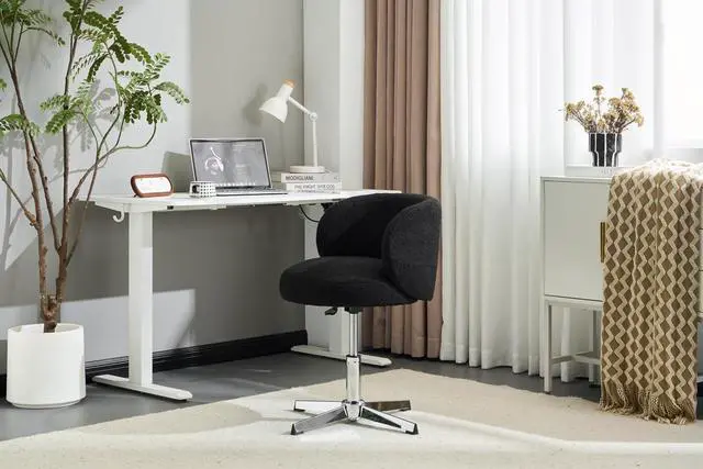 Alt view image 7 of 7 - VINGLI Cute Small Swivel Desk Chair Comfy no Wheels,Ergonomic Low-Back Lumbar Support Vanity Nail Tech Computer Task Stool Chair for Home Office,Height Adjustable,Teddy Fleece,Black
