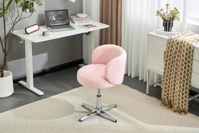 Alt view image 3 of 7 - VINGLI Cute Small Swivel Desk Chair Comfy no Wheels,Ergonomic Low-Back Lumbar Support Vanity Nail Tech Computer Task Stool Girls Women Kids Chair for Home Office,Height Adjustable,Teddy Fleece,Pink
