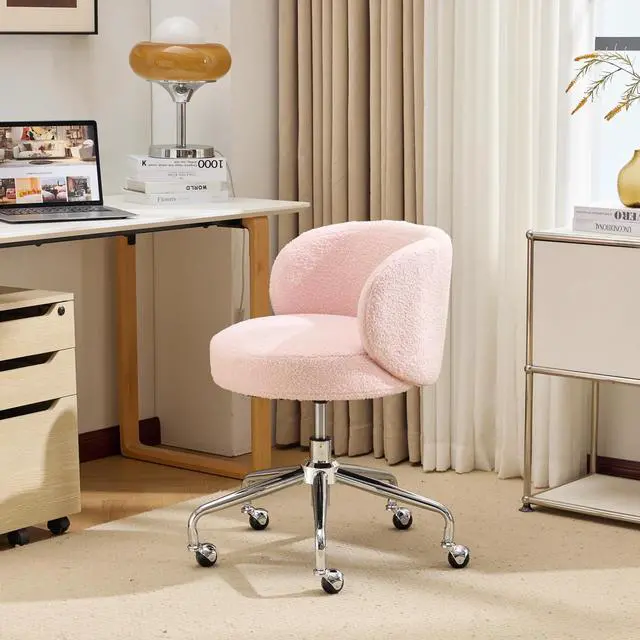 Alt view image 5 of 7 - VINGLI Cute Small Swivel Desk Chair Comfy with Wheels,Ergonomic Low-Back Lumbar Support Vanity Nail Tech Rolling Task Stool Girls Women Kids Chair for Home Office,Height Adjustable,Teddy Fleece,Pink