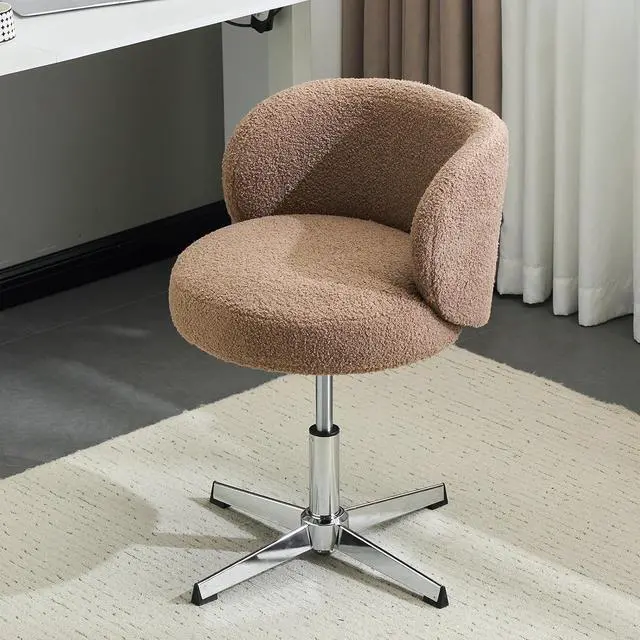 Main image of VINGLI Cute Small Swivel Desk Chair Comfy no Wheels,Ergonomic Low-Back Lumbar Support Vanity Nail Tech Computer Task Stool Chair for Home Office,Height Adjustable,Teddy Fleece,Brown