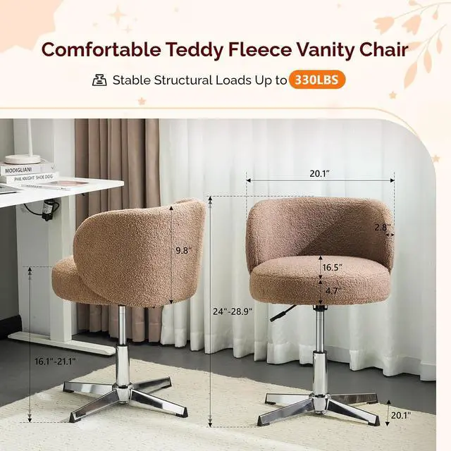 Alt view image 2 of 7 - VINGLI Cute Small Swivel Desk Chair Comfy no Wheels,Ergonomic Low-Back Lumbar Support Vanity Nail Tech Computer Task Stool Chair for Home Office,Height Adjustable,Teddy Fleece,Brown