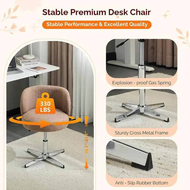 Alt view image 4 of 7 - VINGLI Cute Small Swivel Desk Chair Comfy no Wheels,Ergonomic Low-Back Lumbar Support Vanity Nail Tech Computer Task Stool Chair for Home Office,Height Adjustable,Teddy Fleece,Brown
