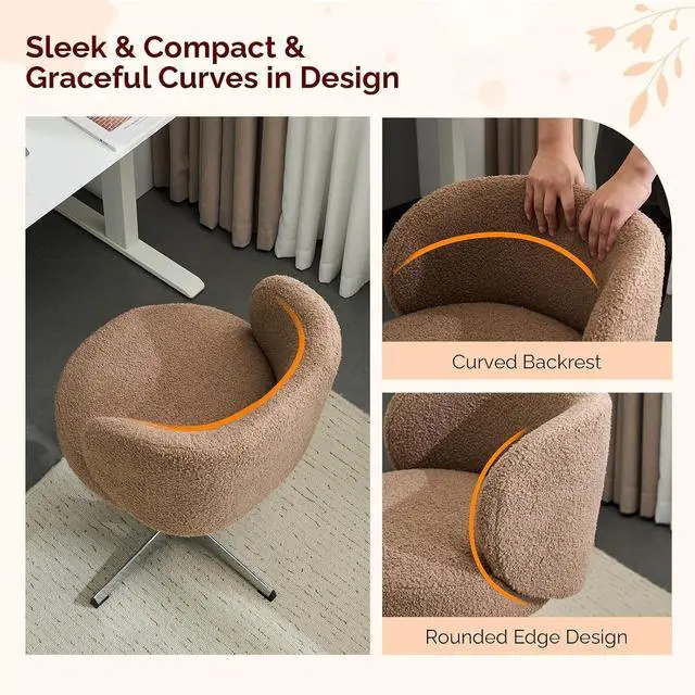 Alt view image 3 of 7 - VINGLI Cute Small Swivel Desk Chair Comfy no Wheels,Ergonomic Low-Back Lumbar Support Vanity Nail Tech Computer Task Stool Chair for Home Office,Height Adjustable,Teddy Fleece,Brown