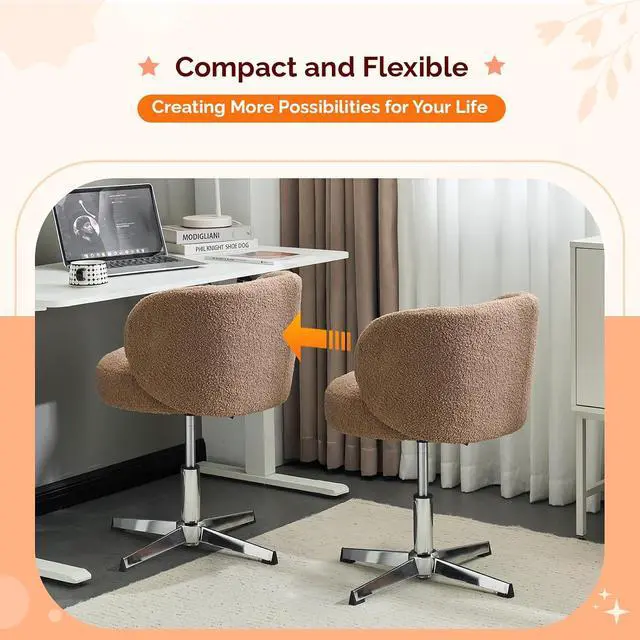 Alt view image 5 of 7 - VINGLI Cute Small Swivel Desk Chair Comfy no Wheels,Ergonomic Low-Back Lumbar Support Vanity Nail Tech Computer Task Stool Chair for Home Office,Height Adjustable,Teddy Fleece,Brown