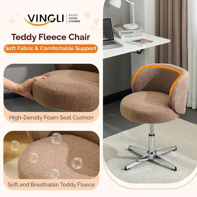 Alt view image 6 of 7 - VINGLI Cute Small Swivel Desk Chair Comfy no Wheels,Ergonomic Low-Back Lumbar Support Vanity Nail Tech Computer Task Stool Chair for Home Office,Height Adjustable,Teddy Fleece,Brown