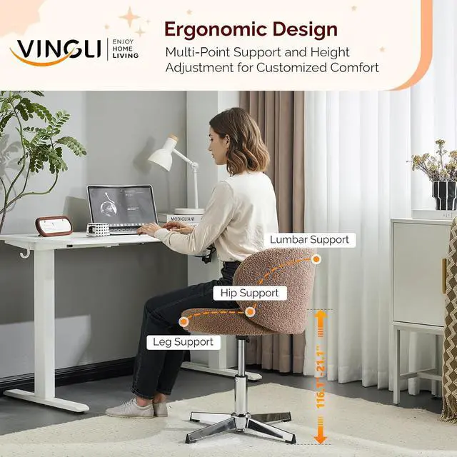Alt view image 7 of 7 - VINGLI Cute Small Swivel Desk Chair Comfy no Wheels,Ergonomic Low-Back Lumbar Support Vanity Nail Tech Computer Task Stool Chair for Home Office,Height Adjustable,Teddy Fleece,Brown
