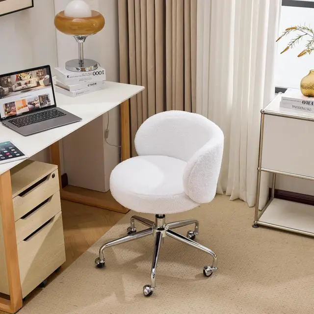 Main image of VINGLI Cute Small Swivel Desk Chair Comfy with Wheels,Ergonomic Low-Back Lumbar Support Vanity Nail Tech Rolling Task Stool Girls Women Kids Chair for Home Office,Height Adjustable,Teddy Fleece,White