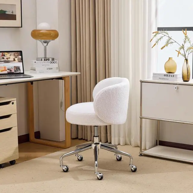 Alt view image 3 of 7 - VINGLI Cute Small Swivel Desk Chair Comfy with Wheels,Ergonomic Low-Back Lumbar Support Vanity Nail Tech Rolling Task Stool Girls Women Kids Chair for Home Office,Height Adjustable,Teddy Fleece,White