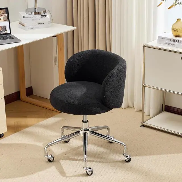 Main image of VINGLI Cute Small Swivel Desk Chair Comfy with Wheels,Ergonomic Low-Back Lumbar Support Vanity Nail Tech Rolling Task Stool Chair for Home Office,Height Adjustable,Teddy Fleece,Black