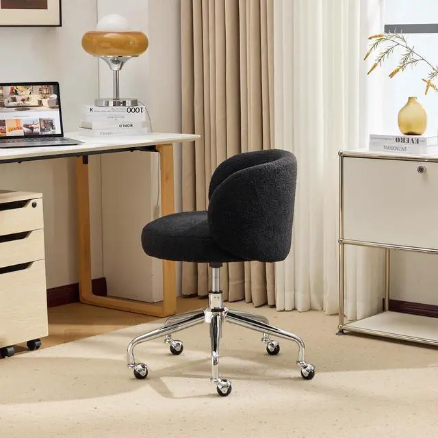 Alt view image 5 of 7 - VINGLI Cute Small Swivel Desk Chair Comfy with Wheels,Ergonomic Low-Back Lumbar Support Vanity Nail Tech Rolling Task Stool Chair for Home Office,Height Adjustable,Teddy Fleece,Black