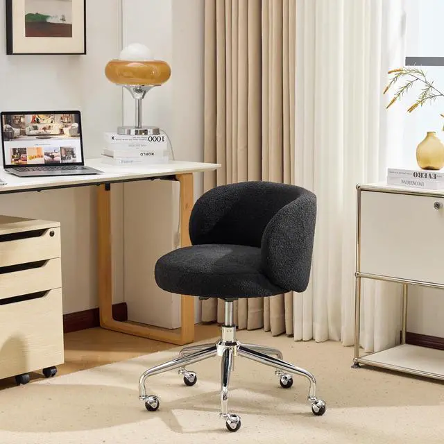 Alt view image 7 of 7 - VINGLI Cute Small Swivel Desk Chair Comfy with Wheels,Ergonomic Low-Back Lumbar Support Vanity Nail Tech Rolling Task Stool Chair for Home Office,Height Adjustable,Teddy Fleece,Black