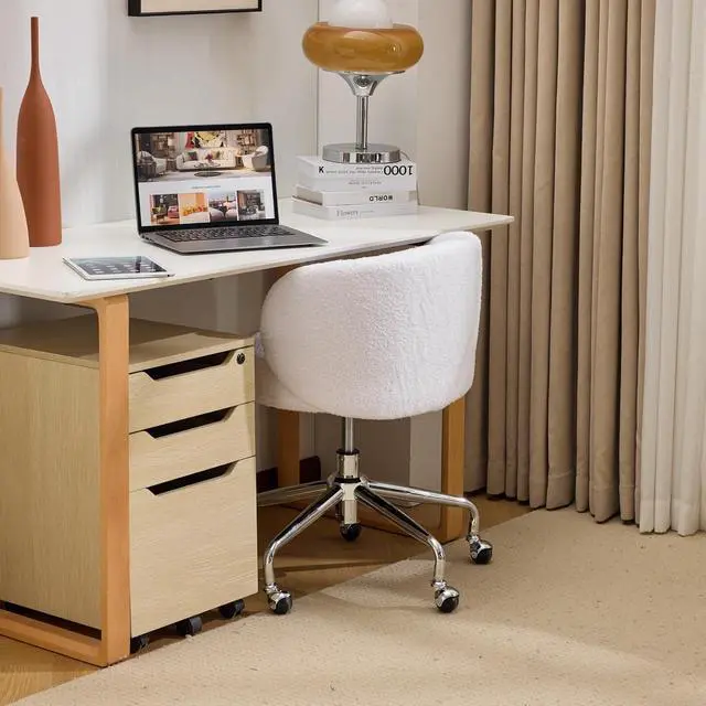 Alt view image 7 of 7 - VINGLI Cute Small Swivel Desk Chair Comfy with Wheels,Ergonomic Low-Back Lumbar Support Vanity Nail Tech Rolling Task Stool Girls Women Kids Chair for Home Office,Height Adjustable,Teddy Fleece,White