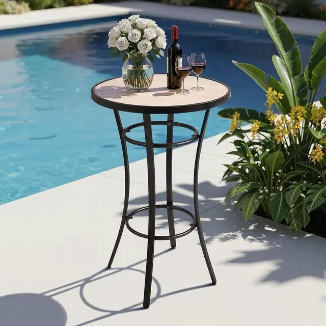 Alt view image 2 of 7 - VINGLI Outdoor Bar Table 39" Height, Round Patio High Top Table with Wood-Like Top, All-Weather Metal Bistro Table with Heavy-Duty Iron Base for Garden Balcony Pub Bistro Cocktail Standing