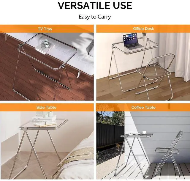 Alt view image 6 of 7 - VINGLI Folding Acrylic Table and Chair Set Small TV Tray for Snack Dinner on Couch, Tiny Foldable Desk Writing Desk for Home Office for Small Spaces