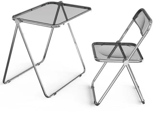 Main image of VINGLI Folding Acrylic Table and Chair Set Small TV Tray for Snack Dinner on Couch, Tiny Foldable Desk Writing Desk for Home Office for Small Spaces (Grey)