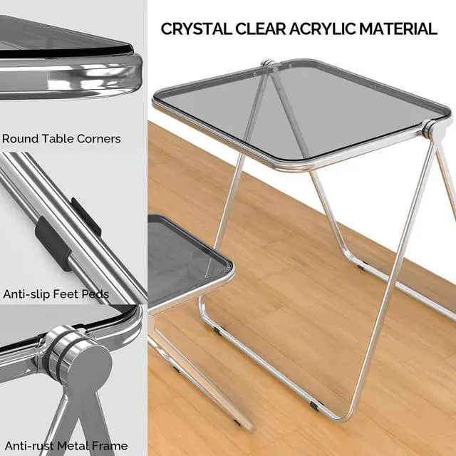 Alt view image 4 of 7 - VINGLI Folding Acrylic Table and Chair Set Small TV Tray for Snack Dinner on Couch, Tiny Foldable Desk Writing Desk for Home Office for Small Spaces (Grey)