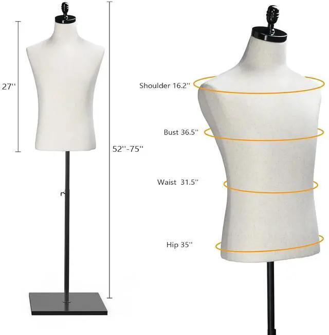 Alt view image 2 of 7 - VINGLI Male Mannequin Torso with Wooden/Metal Stand, Adjustable Height Male Dress Form Body for Clothing Display and Sewing (Beige, Wood Base)