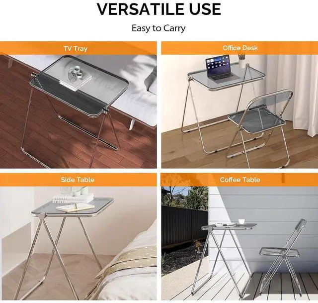 Alt view image 6 of 7 - VINGLI Folding Acrylic Table and Chair Set Small TV Tray for Snack Dinner on Couch, Tiny Foldable Desk Writing Desk for Home Office for Small Spaces (Grey)