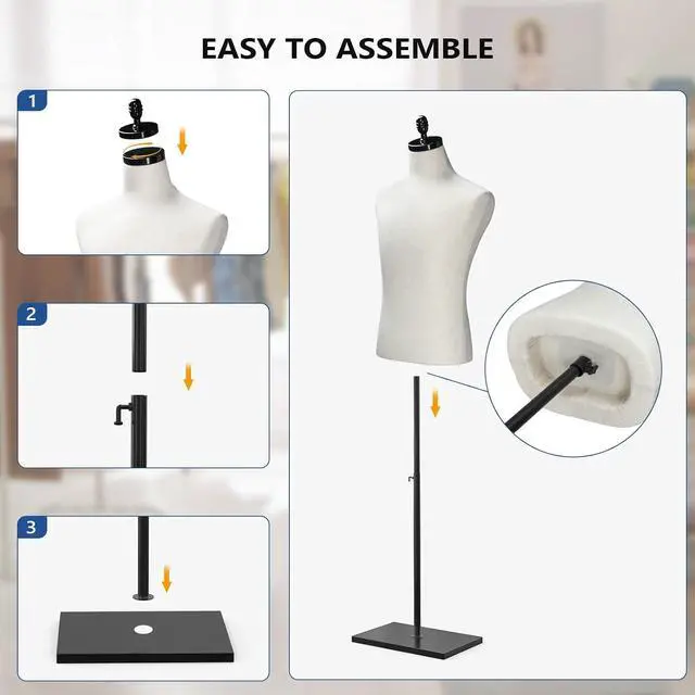 Alt view image 5 of 7 - VINGLI Male Mannequin Torso with Wooden/Metal Stand, Adjustable Height Male Dress Form Body for Clothing Display and Sewing (Beige, Wood Base)