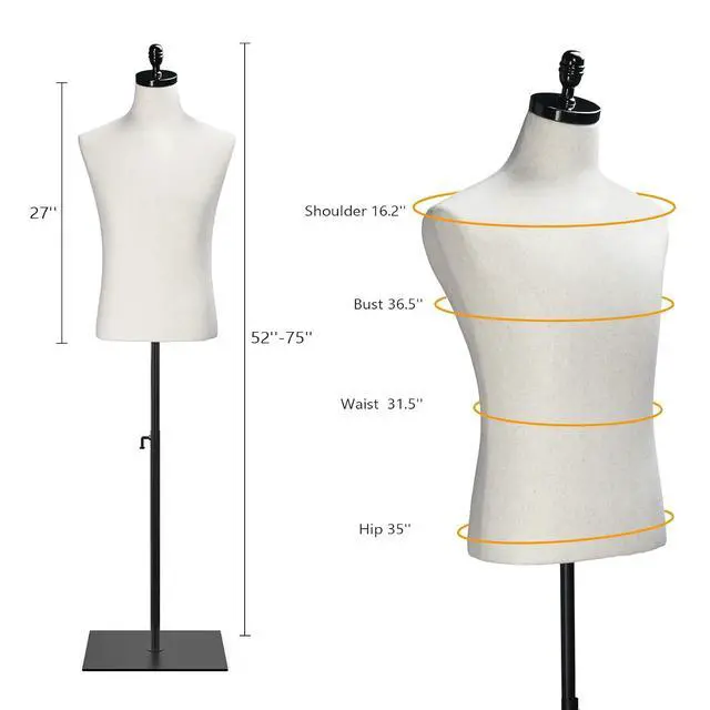 Alt view image 2 of 7 - VINGLI Male Mannequin Torso with Wooden/Metal Stand, Adjustable Height Male Dress Form Body for Clothing Display and Sewing (Beige, Metal Base)