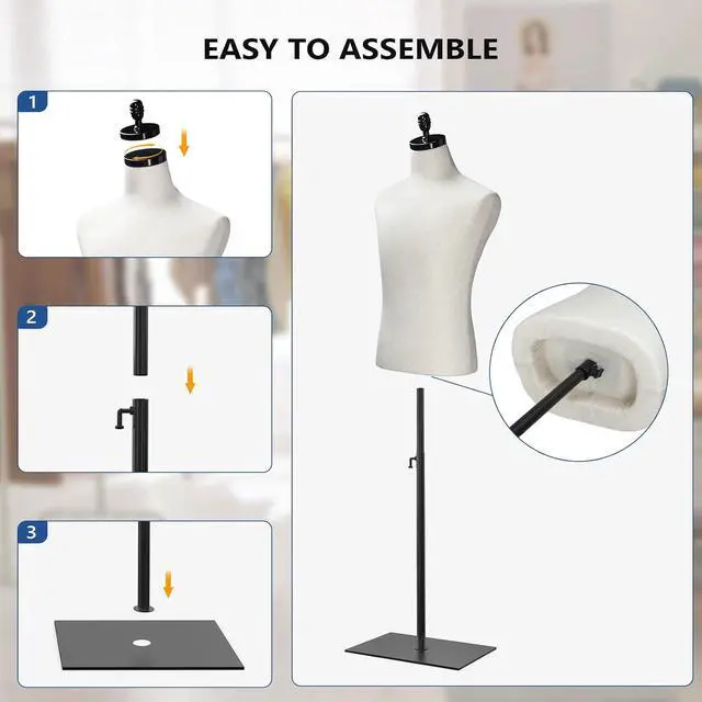 Alt view image 5 of 7 - VINGLI Male Mannequin Torso with Wooden/Metal Stand, Adjustable Height Male Dress Form Body for Clothing Display and Sewing (Beige, Metal Base)