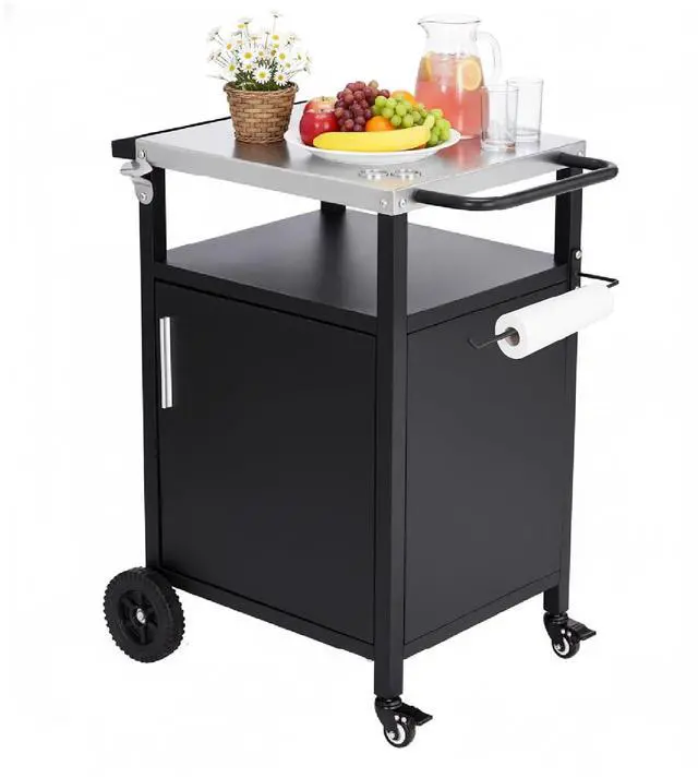 Main image of VINGLI Outdoor Grill Table Cart with Cabinet, Stainless Steel Movable Kitchen Island with Large Storage Cabinet, Multifunction Food Prep Table with Bottle Opener and Seasoning Tray, for Patio, Home