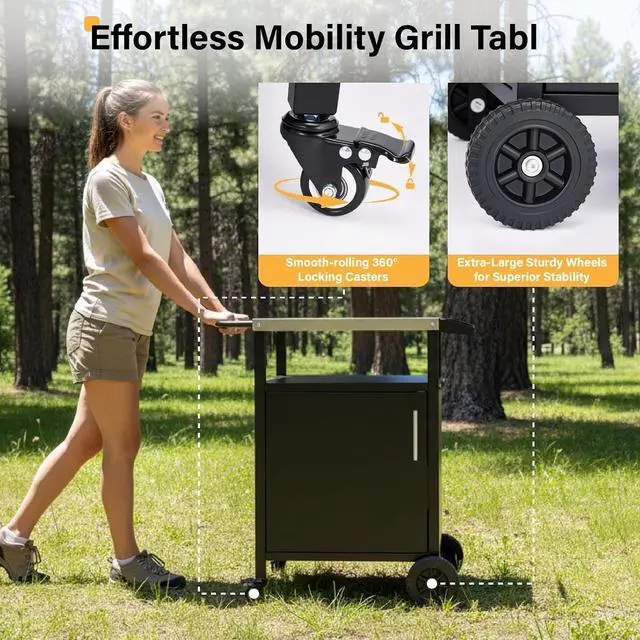 Alt view image 4 of 7 - VINGLI Outdoor Grill Table Cart with Cabinet, Stainless Steel Movable Kitchen Island with Large Storage Cabinet, Multifunction Food Prep Table with Bottle Opener and Seasoning Tray, for Patio, Home