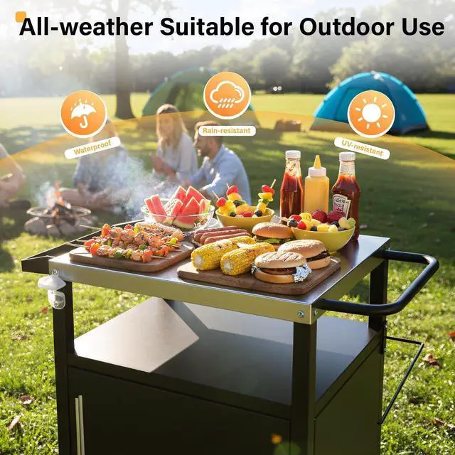 Alt view image 5 of 7 - VINGLI Outdoor Grill Table Cart with Cabinet, Stainless Steel Movable Kitchen Island with Large Storage Cabinet, Multifunction Food Prep Table with Bottle Opener and Seasoning Tray, for Patio, Home