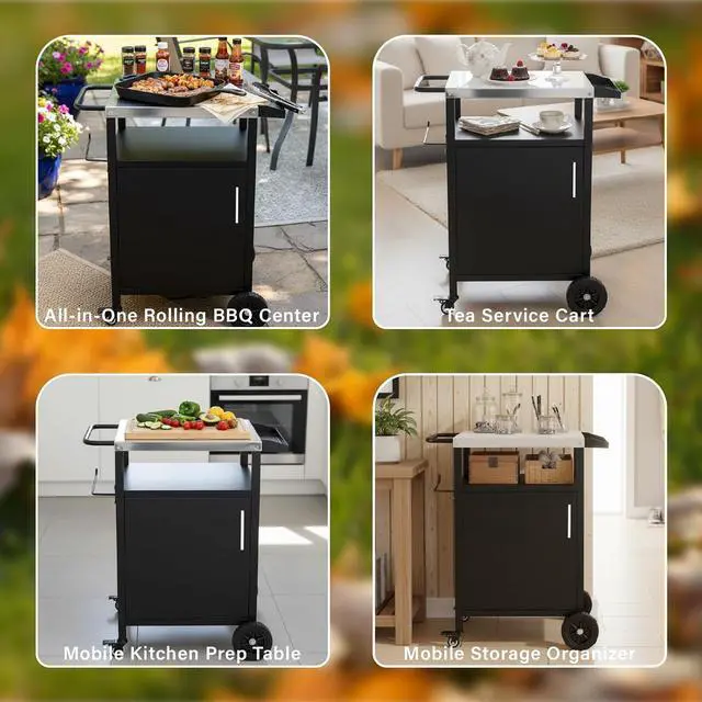 Alt view image 6 of 7 - VINGLI Outdoor Grill Table Cart with Cabinet, Stainless Steel Movable Kitchen Island with Large Storage Cabinet, Multifunction Food Prep Table with Bottle Opener and Seasoning Tray, for Patio, Home