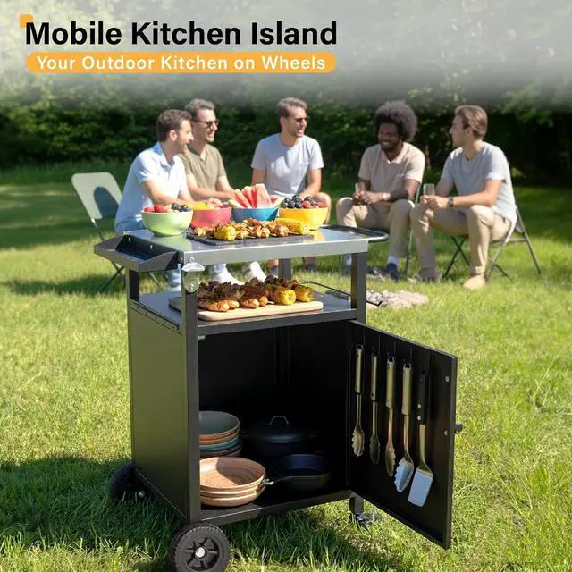 Alt view image 7 of 7 - VINGLI Outdoor Grill Table Cart with Cabinet, Stainless Steel Movable Kitchen Island with Large Storage Cabinet, Multifunction Food Prep Table with Bottle Opener and Seasoning Tray, for Patio, Home