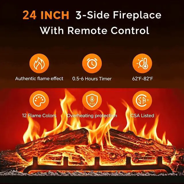 Alt view image 3 of 6 - VINGLI 24 inch Electric Fireplace Insert, Modern 3-Sided Recessed/Wall Mount Fireplace with 12 Realistic Adjustable Flame Colors, 5 Brightness Levels, 8H Timer, Overheat Protection & Remote Control