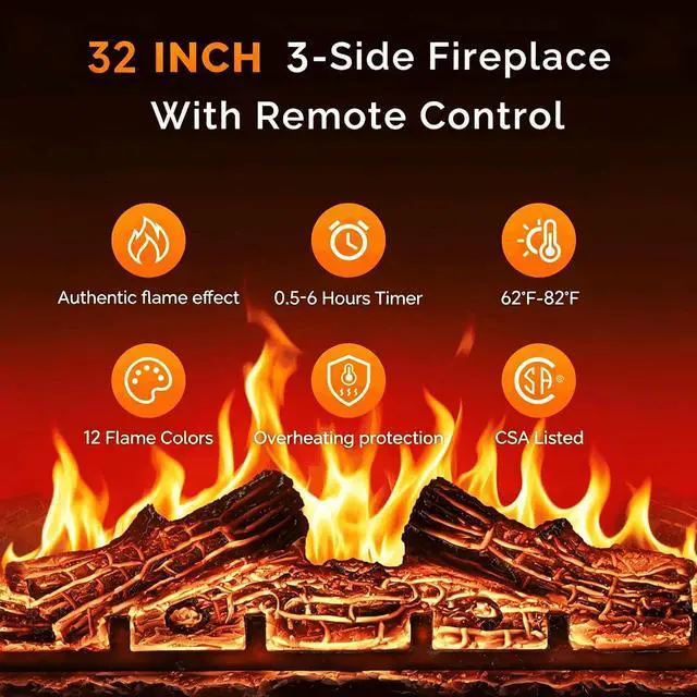 Alt view image 2 of 7 - VINGLI 36 inch Electric Fireplace, Modern 3-Sided Electric Fireplace Insert, Recessed and Wall Mount Fireplaces with 12 Adjustable Flame, 5 Brightness, 8H Timer and Remote Control