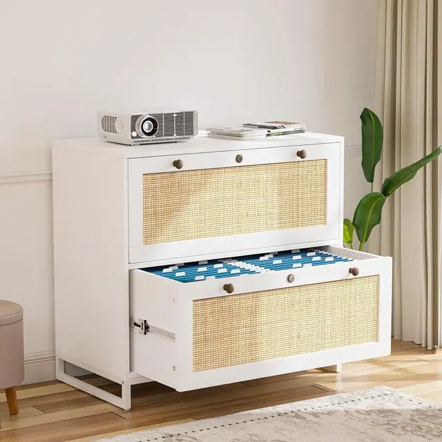 Main image of VINGLI White & Natural Rattan 2 Drawer Lateral File Cabinet with Lock, Wood Locking File Cabinets for Home Office, File Cabinet Printer Stand for Hanging Letter/Legal Size Folders, 30W x 16D x 28H