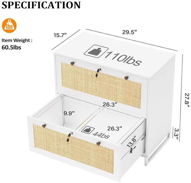 Alt view image 2 of 7 - VINGLI White & Natural Rattan 2 Drawer Lateral File Cabinet with Lock, Wood Locking File Cabinets for Home Office, File Cabinet Printer Stand for Hanging Letter/Legal Size Folders, 30W x 16D x 28H