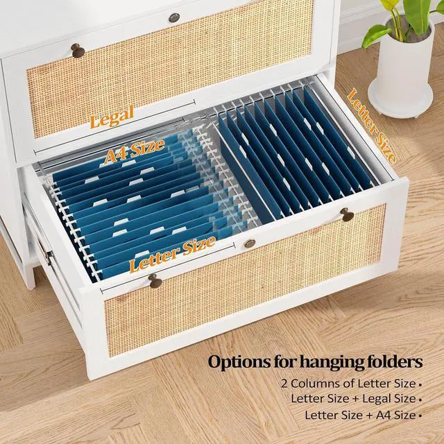 Alt view image 3 of 7 - VINGLI White & Natural Rattan 2 Drawer Lateral File Cabinet with Lock, Wood Locking File Cabinets for Home Office, File Cabinet Printer Stand for Hanging Letter/Legal Size Folders, 30W x 16D x 28H