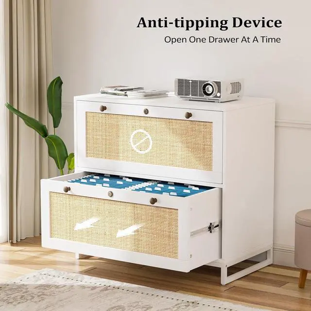 Alt view image 5 of 7 - VINGLI White & Natural Rattan 2 Drawer Lateral File Cabinet with Lock, Wood Locking File Cabinets for Home Office, File Cabinet Printer Stand for Hanging Letter/Legal Size Folders, 30W x 16D x 28H